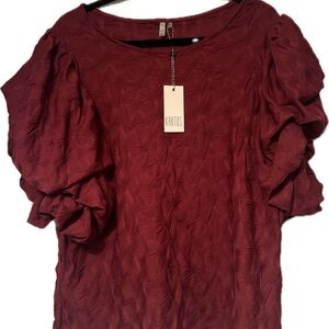 NWT Kaktus Sz 2X Women's Burgundy Textured Blouse w/ puff sleeves